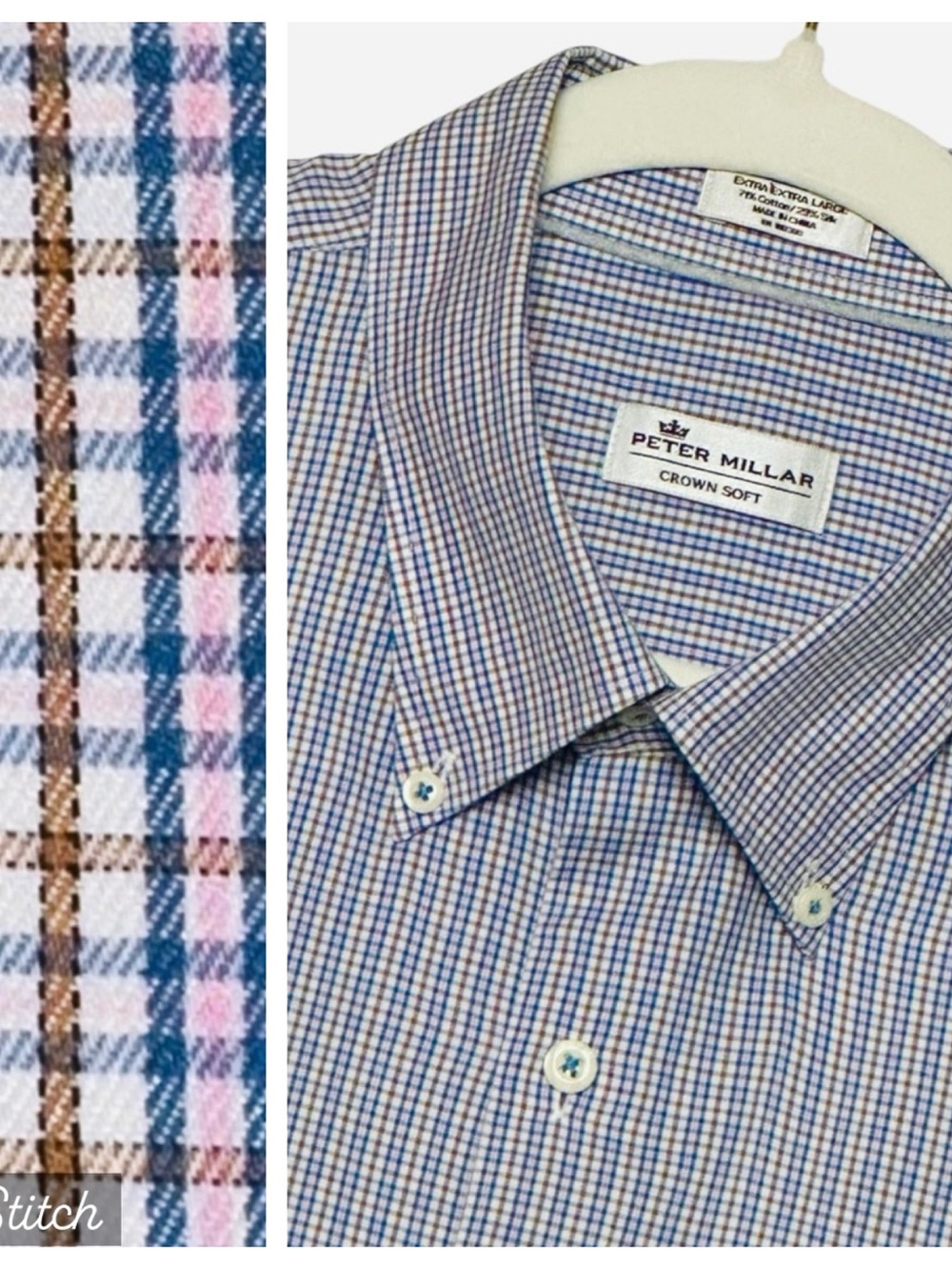 Peter Millar XXL Crown Soft Blue Pink Brown Mini Plaid Cotton Silk L/S Shirt